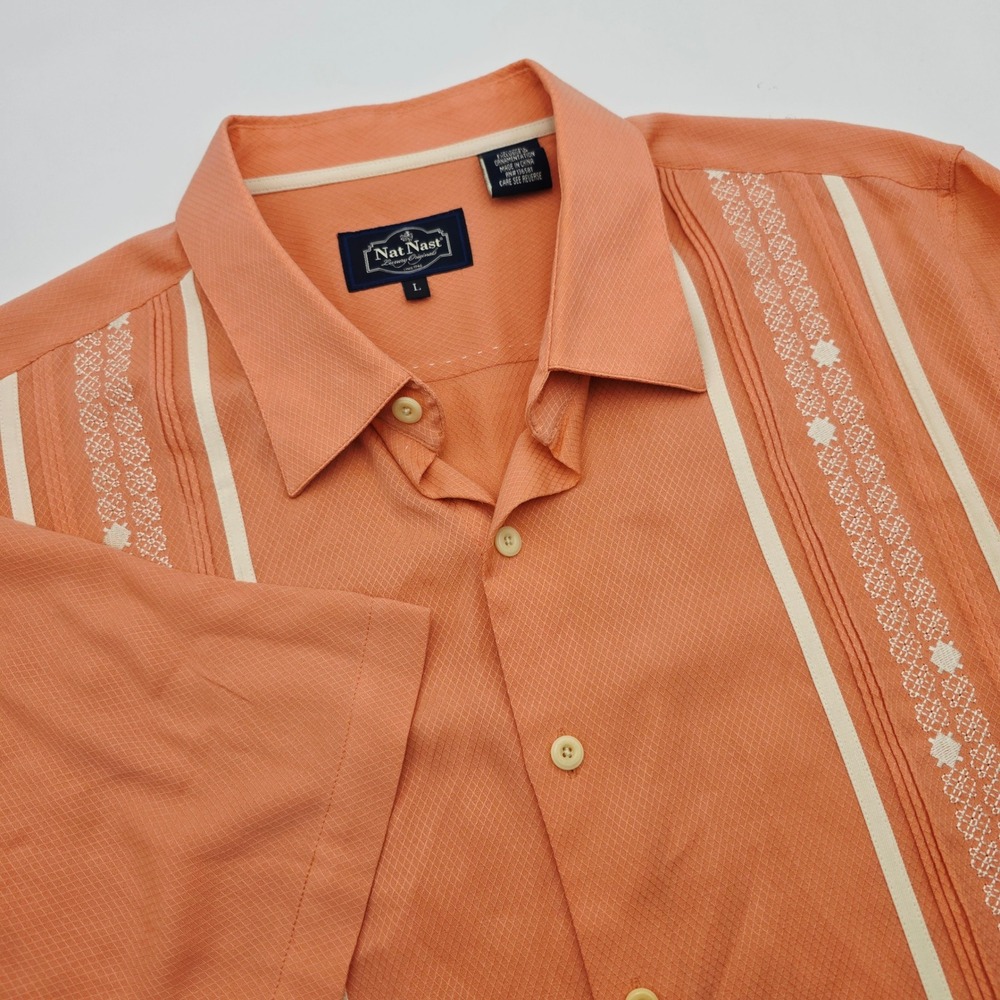 Nat Nast Mens Large Silk Lyocell Embroidered Guayabera Camp Shirt Coral Sand
